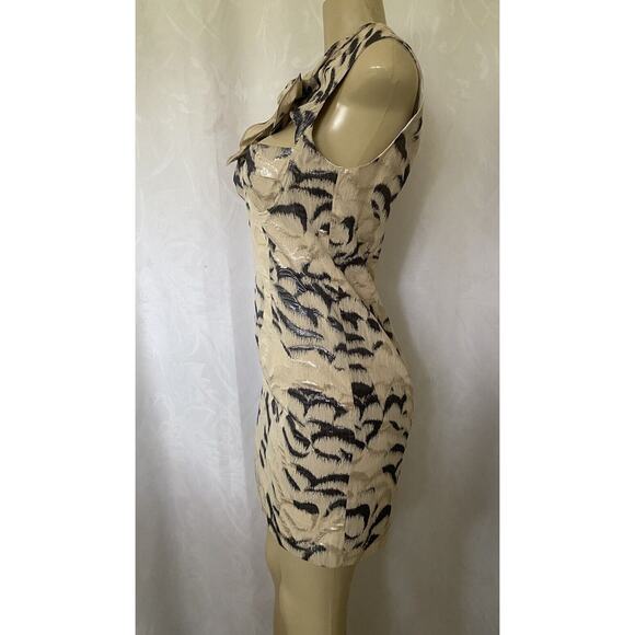 Carven Dress Cut Out Front Bow Tie Sleeveless Jacquard Beige Gray Sheath… - Picture 4 of 9